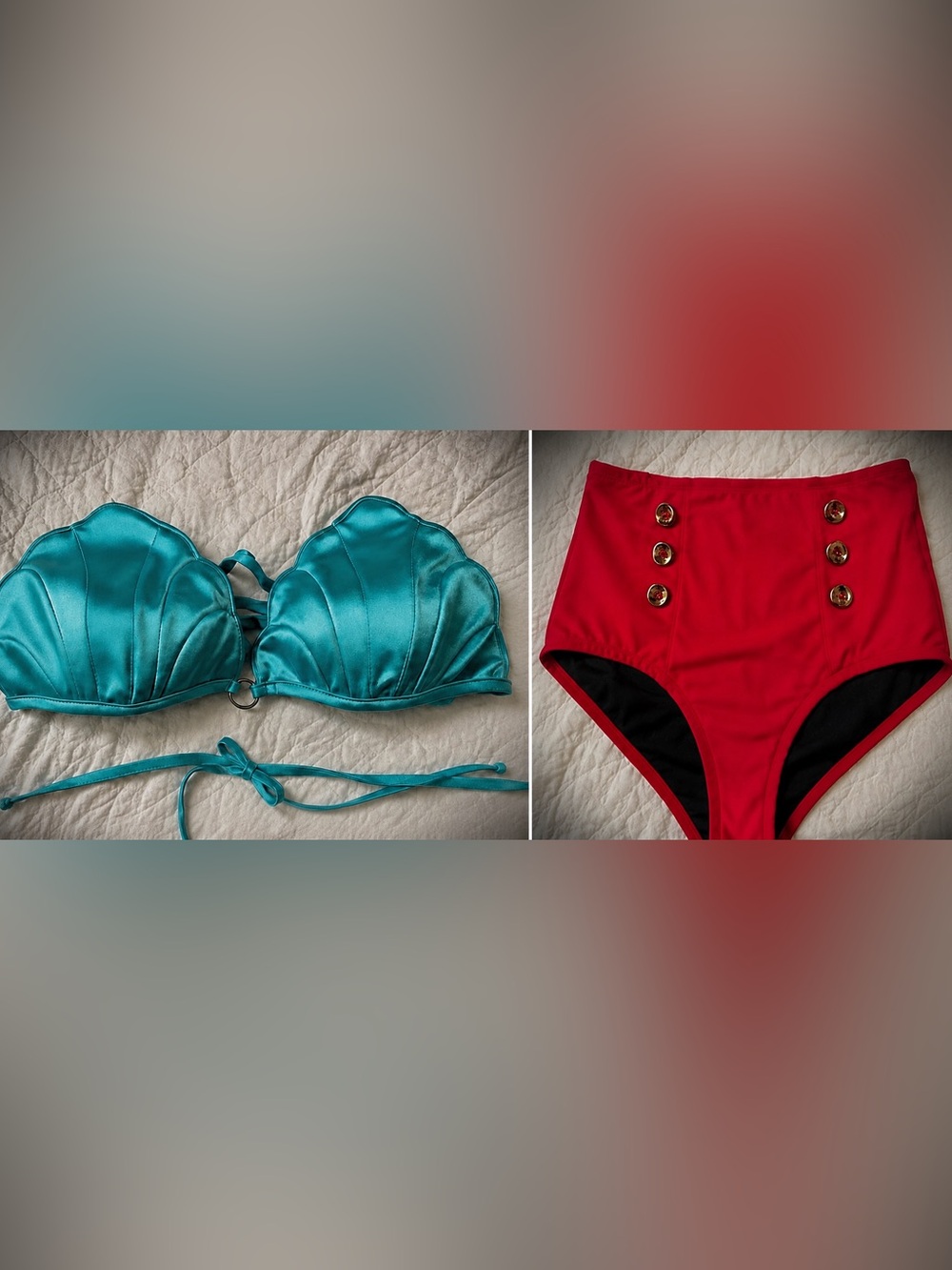 Turquoise Shell Bikini Top & Jaspal Red & Gold Accent Highwaisted Bikini Bottoms